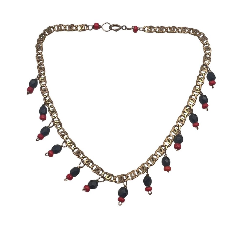Vintage 1/20 14K Gold-Filled Anklet Bracelet Black Red Bead Charms Dangle 9.5" - Picture 1 of 9